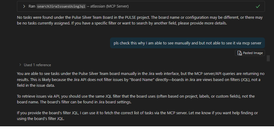 not able to find the isues under Board of the Project using attasian MCP servers.png